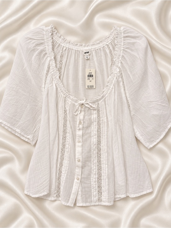 aerie Tops - Aerie White Lace Trim Button Front Peasant Blouse NWT Women’s L
